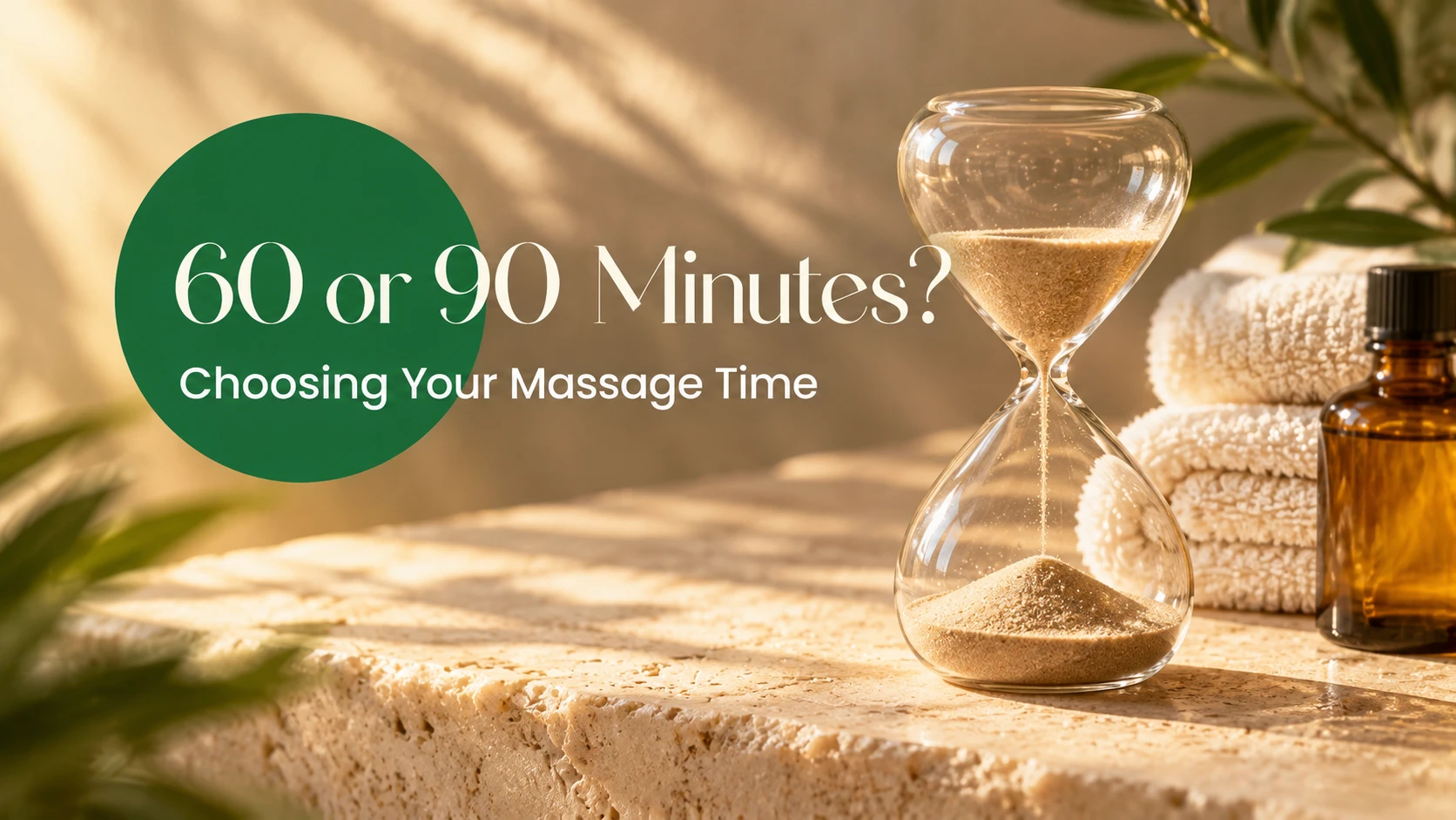 Sand hourglass, folded towels and massage oil illustrating the choice between 60 and 90 minutes.