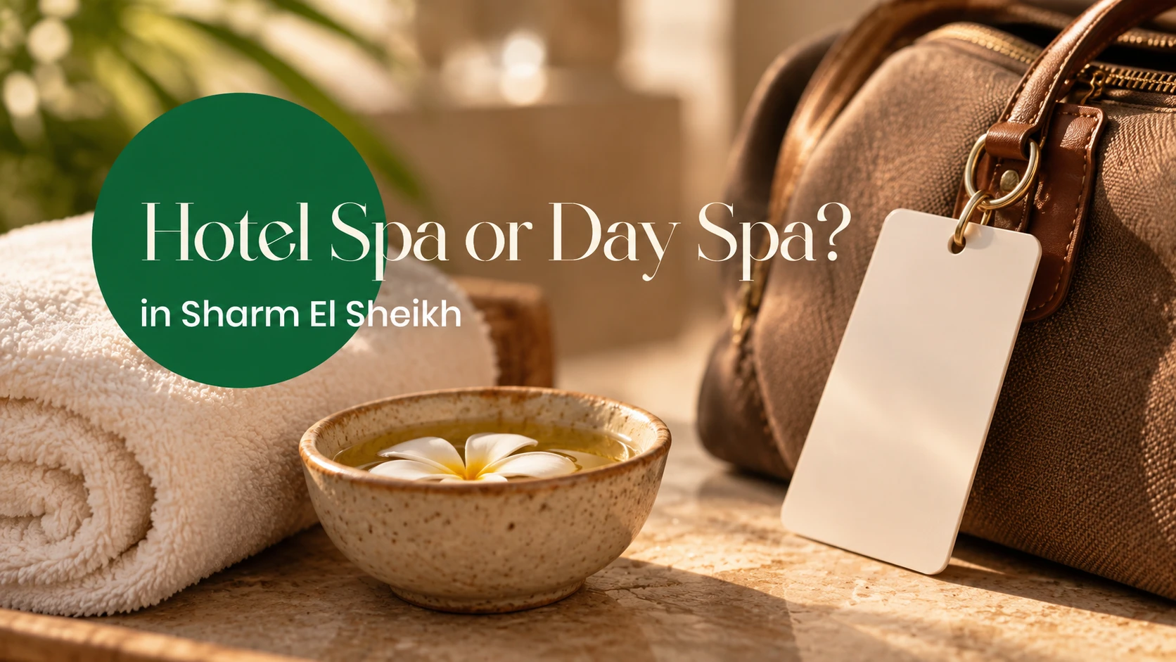 Hotel keycard, travel bag, towel and oil bowl illustrating a hotel spa versus day spa comparison.