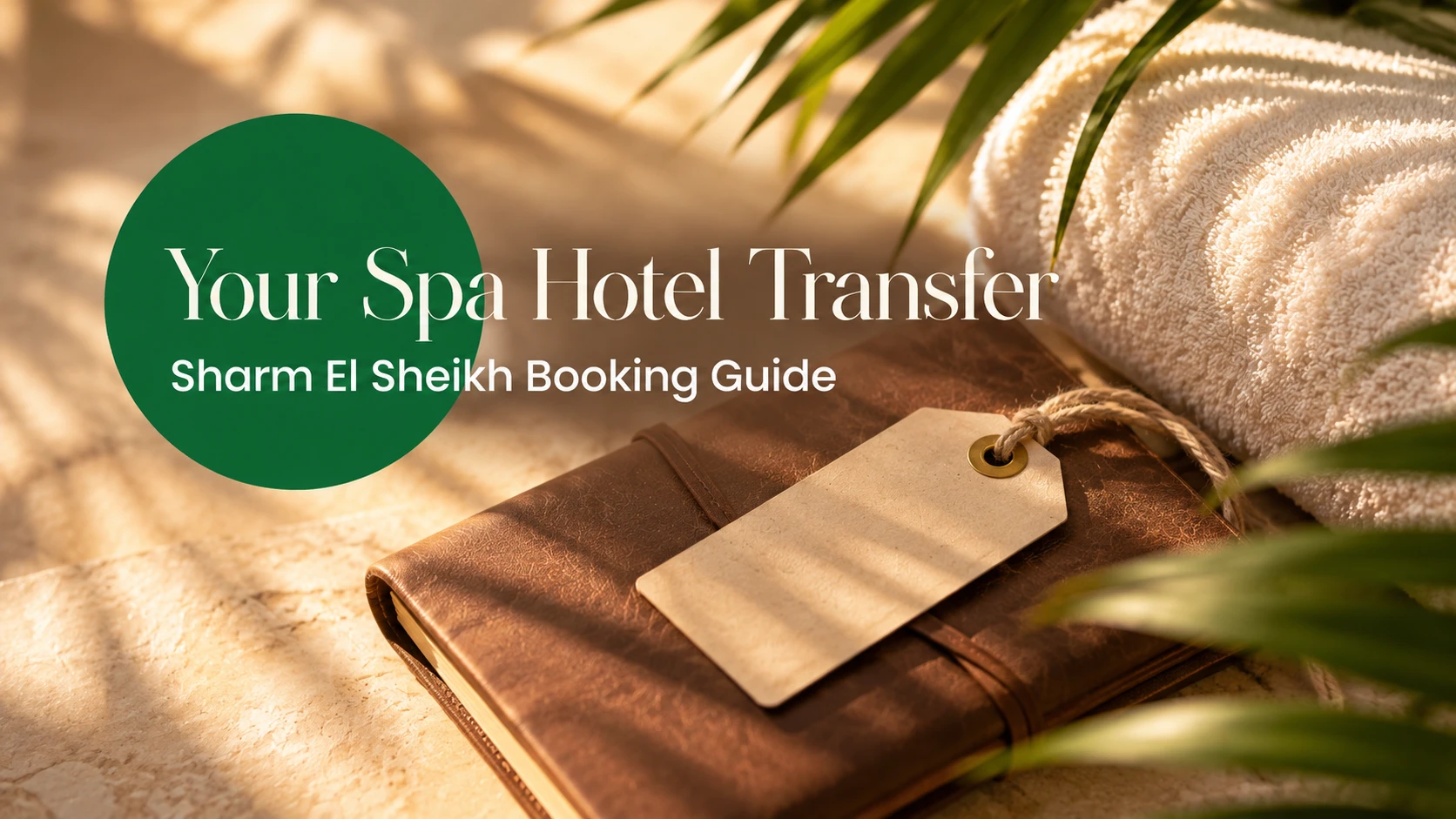 Blank luggage tag and travel journal beside a spa towel for a Sharm El Sheikh hotel transfer guide.