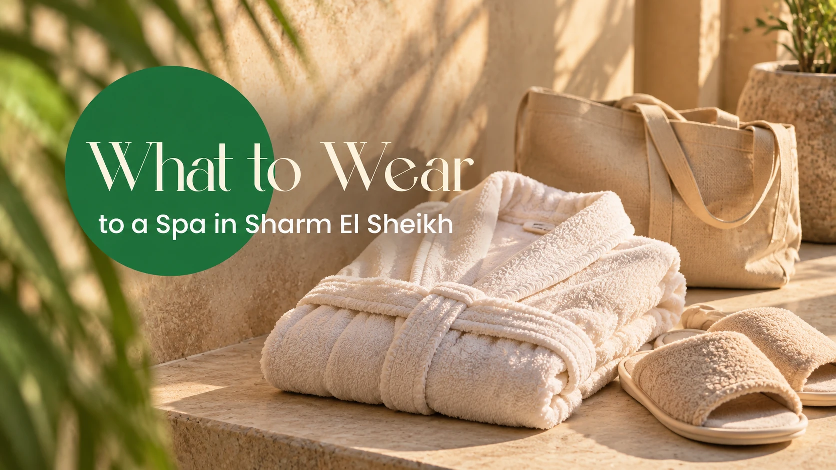 Folded spa robe, slippers and a travel bag illustrating what to wear to a spa in Sharm El Sheikh.